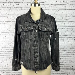 Modern black jean jacket, distressed, size S, 90% viscose, 10% polyester